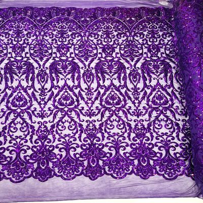 New Creations Fabric & Foam Inc, Damask sequins design on a 4 way stretch mesh fabric-Prom- Night Gown-Sold by the yard. (Purple)
