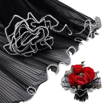 BENECREAT 4.37 Yards Black Flower Wrapping Mesh Paper, Pearl Edge Bouquet Packaging Paper Wrinkled Translucent for Wedding Decor, Florist Supplies Wedding Festival Gifts Packaging