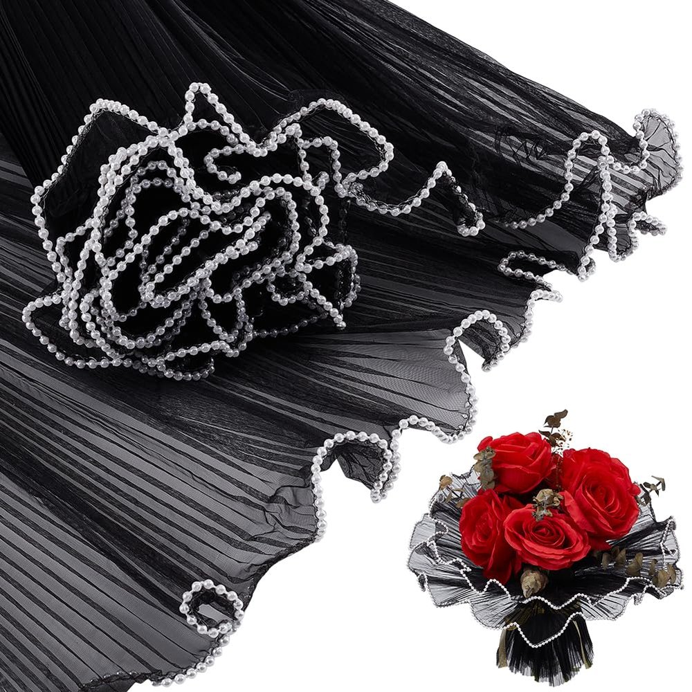 BENECREAT 4.37 Yards Black Flower Wrapping Mesh Paper, Pearl Edge Bouquet Packaging Paper Wrinkled Translucent for Wedding Decor, Florist Supplies Wedding Festival Gifts Packaging