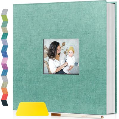 Popotop Photo Album Self Adhesive with Picture Display Window,40 Pages DIY Scrapbooking Supplies Kit for 4x6 8x10 Picture,Linen Cover Memory Book for Baby Wedding, with Scraper and Metallic Pen