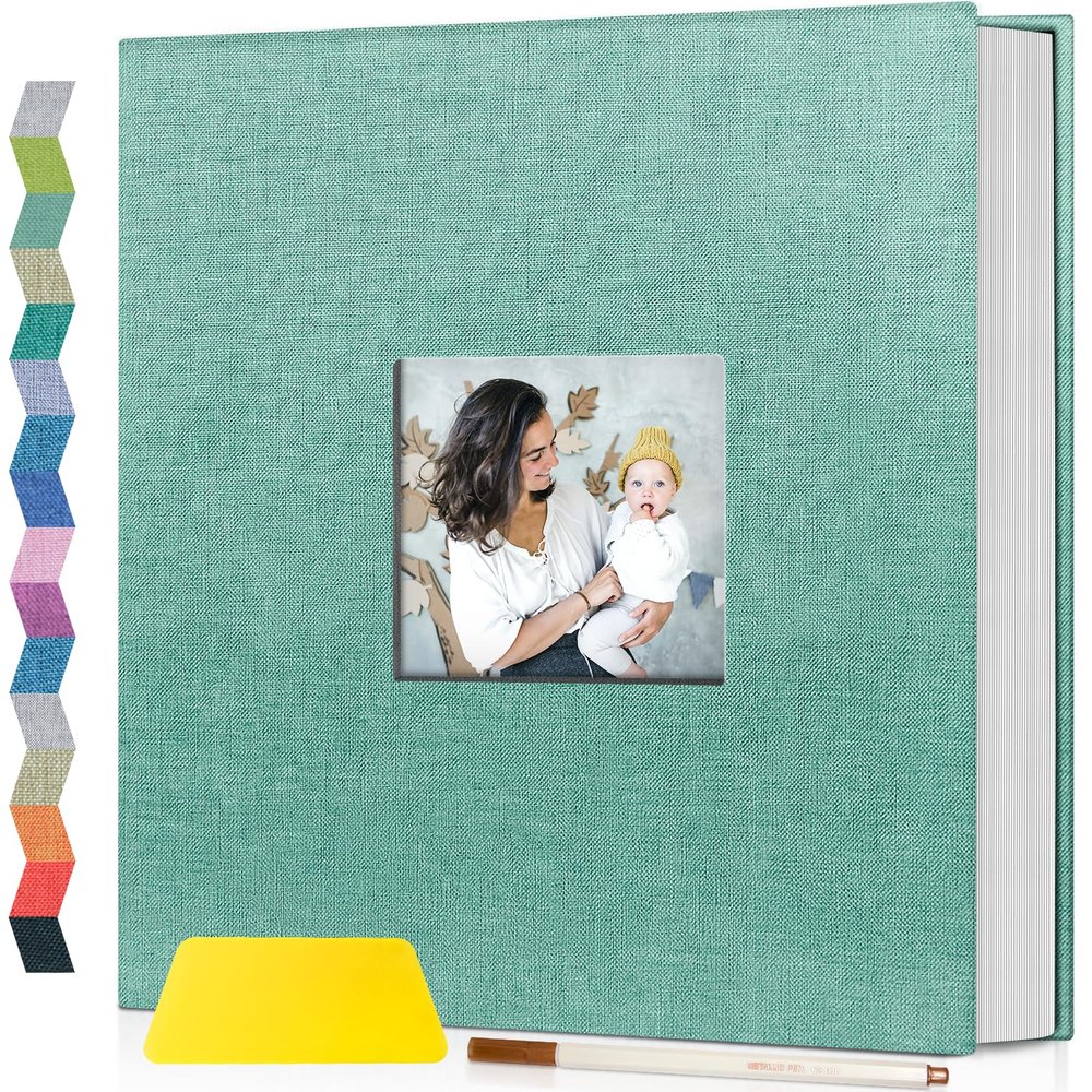 Popotop Photo Album Self Adhesive with Picture Display Window,40 Pages DIY Scrapbooking Supplies Kit for 4x6 8x10 Picture,Linen Cover Memory Book for Baby Wedding, with Scraper and Metallic Pen