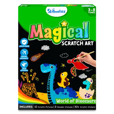 Skillmatics Scratch Art Book for Kids - Dinosaurs, Craft Kits & Supplies, 30+ Scratch Stickers, Travel Toys, DIY Kit, Gifts for Boys & Girls Ages 3, 4, 5, 6, 7, 8