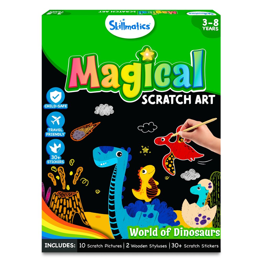 Skillmatics Scratch Art Book for Kids - Dinosaurs, Craft Kits & Supplies, 30+ Scratch Stickers, Travel Toys, DIY Kit, Gifts for Boys & Girls Ages 3, 4, 5, 6, 7, 8