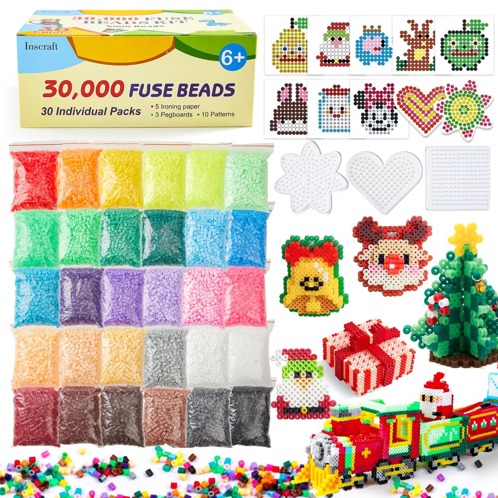 INSCRAFT 30,000 Fuse Beads Kit-30 Individual Packs of Iron Beads Set with 3 Pegboards, 5 Ironing Paper, 10 Patterns, Gifts for Birthday Christmas, Multicolor 5mm Melty Beads Bulk Refill Kit