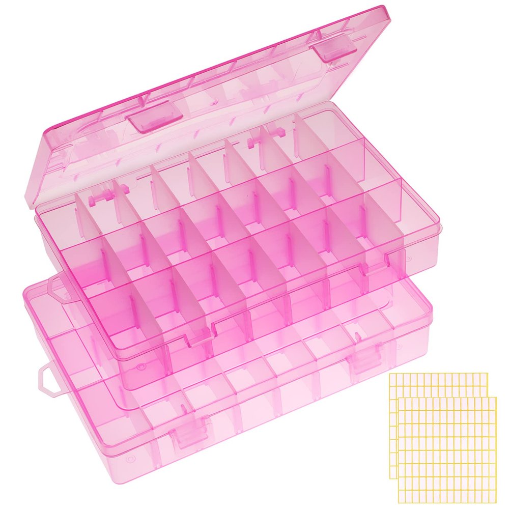 2 Pack 24 Grids Pink Plastic Organizer Box, Storage Container with Adjustable Divider, Craft Organizers and Storage Bead Storage Organizer Box for DIY Jewelry Tackles with 2 Sheets Label Stickers