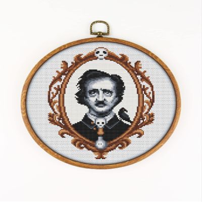 Edgar Allan Poe CS1983 - Counted Cross Stitch KIT#2. Set of Threads, Needles, AIDA Fabric, Needle Threader, Embroidery Clippers and Printed Color Pattern Inside.