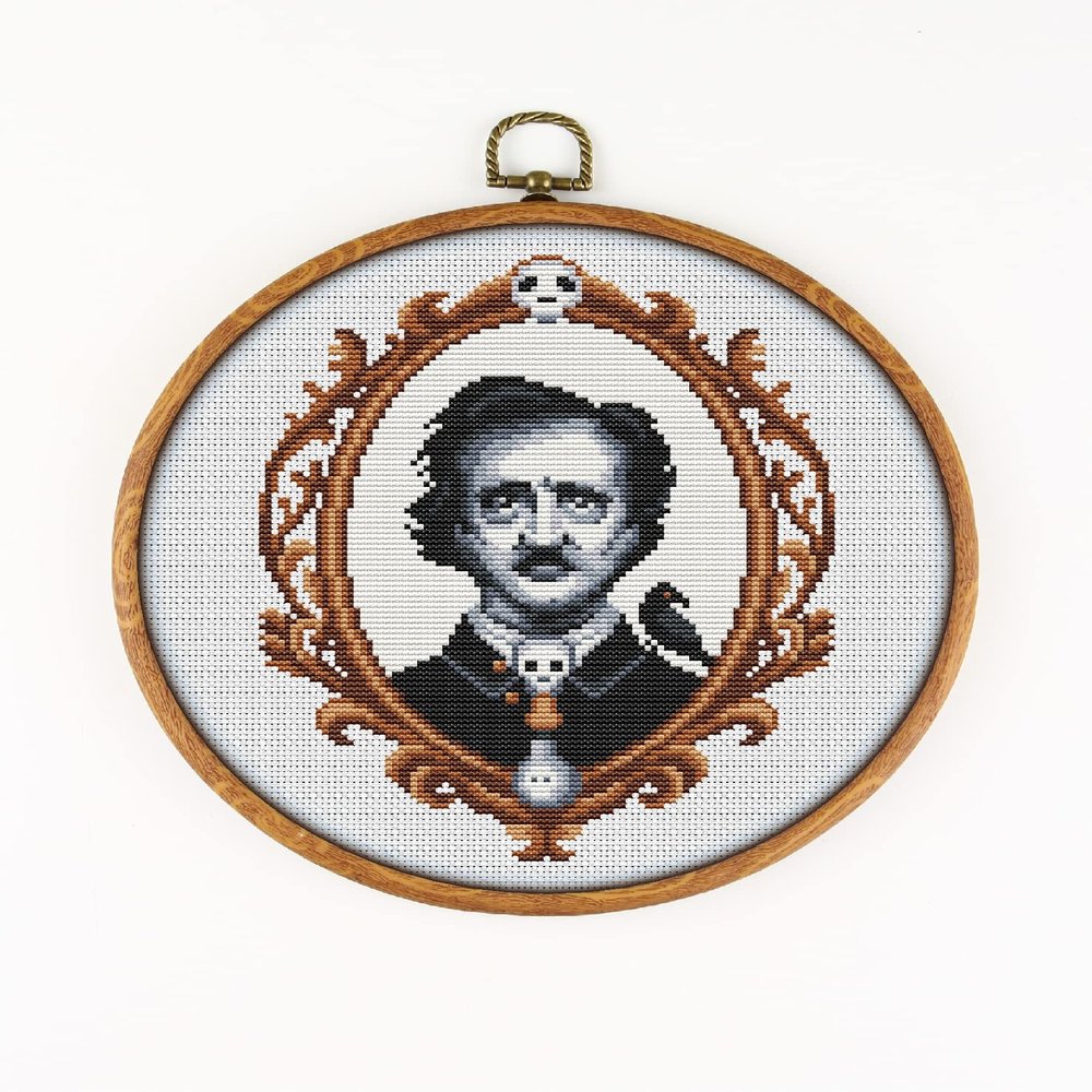 Edgar Allan Poe CS1983 - Counted Cross Stitch KIT#2. Set of Threads, Needles, AIDA Fabric, Needle Threader, Embroidery Clippers and Printed Color Pattern Inside.
