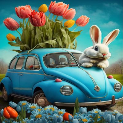 Blue Car Bunny Diamond Painting Kits Tulip Easter Diamond Painting - Full Round Diamond Crystal Art Kits for Adult and Kids, for Home Decor & Living Room Decor (16 X 24 Inch)