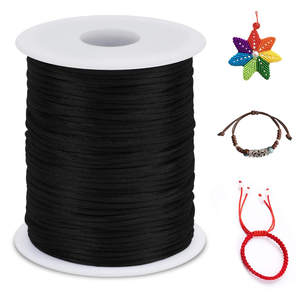 LEREATI 2mm Nylon Cord 328 Feet Satin Rattail Cord Nylon String for Bracelets Making, Jewelry String Macrame Cord Bracelet Thread for Necklace Chinese Knotting Beading Jewelry (Black)