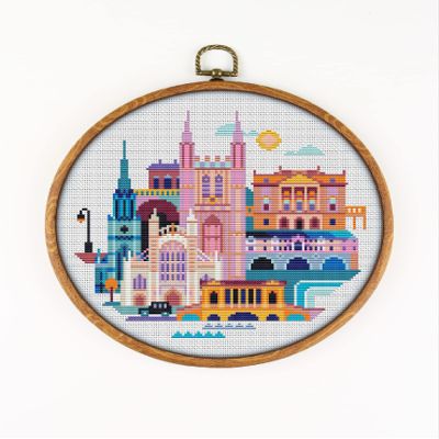 Bath England CS068 - Counted Cross Stitch KIT#2. Set of Threads, Needles, AIDA Fabric, Needle Threader, Embroidery Clippers and Printed Color Pattern Inside.