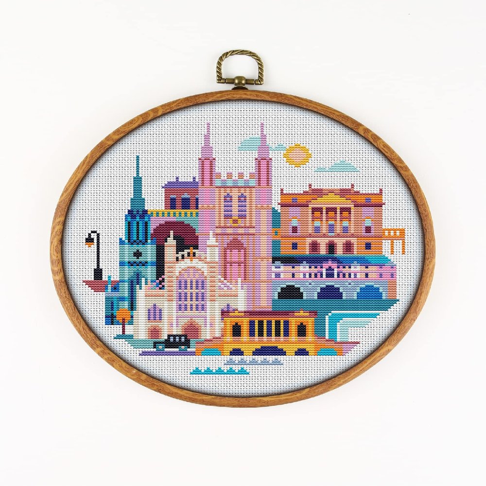 Bath England CS068 - Counted Cross Stitch KIT#2. Set of Threads, Needles, AIDA Fabric, Needle Threader, Embroidery Clippers and Printed Color Pattern Inside.