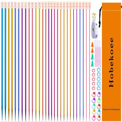 Hobekoee 60pcs Aluminum Knitting Needles Set,Colored Straight Single Pointed Stainless Steel Knitting Needle Kit,13.8inch Length for DIY Handmade Knitting with Knitting Accessories,14 Size 2mm-10mm