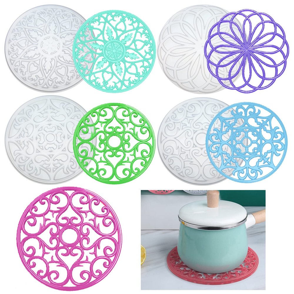 Norme 4 Pcs Large Mandala Coaster Resin Molds Hollow Flower Shiny Silicone Molds for Resin Casting Round 3D Geode Design Epoxy Mould for Cups Mats Making Tray Home Decoration, Diameter 8 Inch