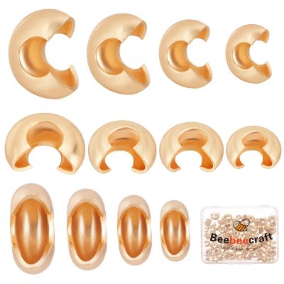 Beebeecraft 120Pcs 4 Size Crimp Bead Covers 18K Gold Plated Brass Half Round Open Crimp Beads End Tip 4mm/5.5mm/6mm/7.5mm for Jewelry Makings