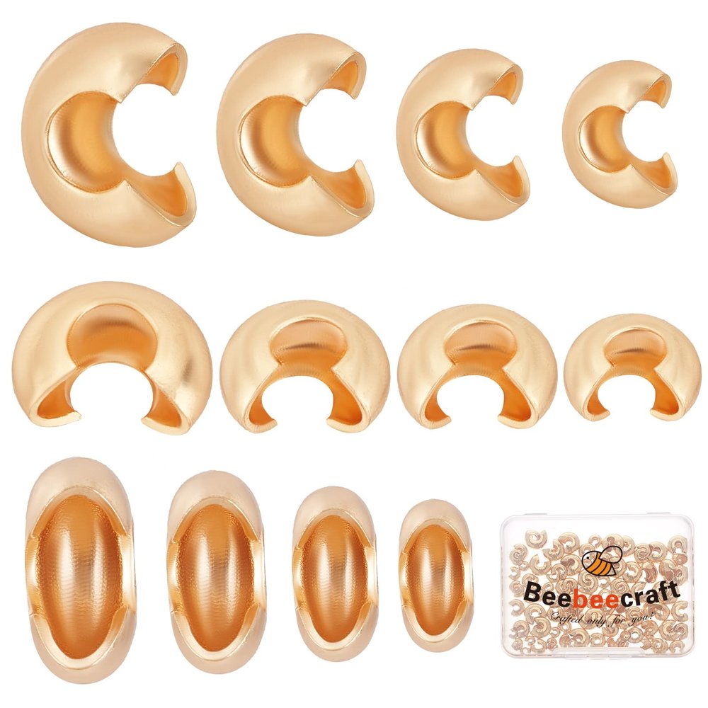Beebeecraft 120Pcs 4 Size Crimp Bead Covers 18K Gold Plated Brass Half Round Open Crimp Beads End Tip 4mm/5.5mm/6mm/7.5mm for Jewelry Makings