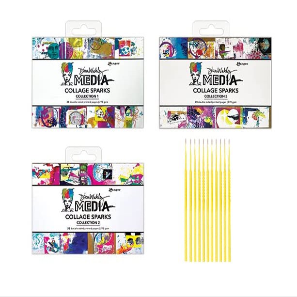 Dina Wakley Media Collage Sparks Collections 1, 2, and 3 - Artwork and Inspiration Quotes for Journaling and Mixed Media Projects - with Trebbies Detail Sticks