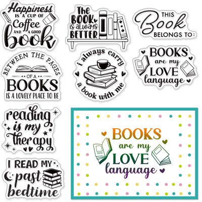 CRASPIRE Book Clear Stamps for Card Making Decoration Scrapbooking Words Reading Books Lovers Bookshelf Coffee Silicone Rubber Stamp for Library Cards Photo Album Diary Gift Decor DIY Craft