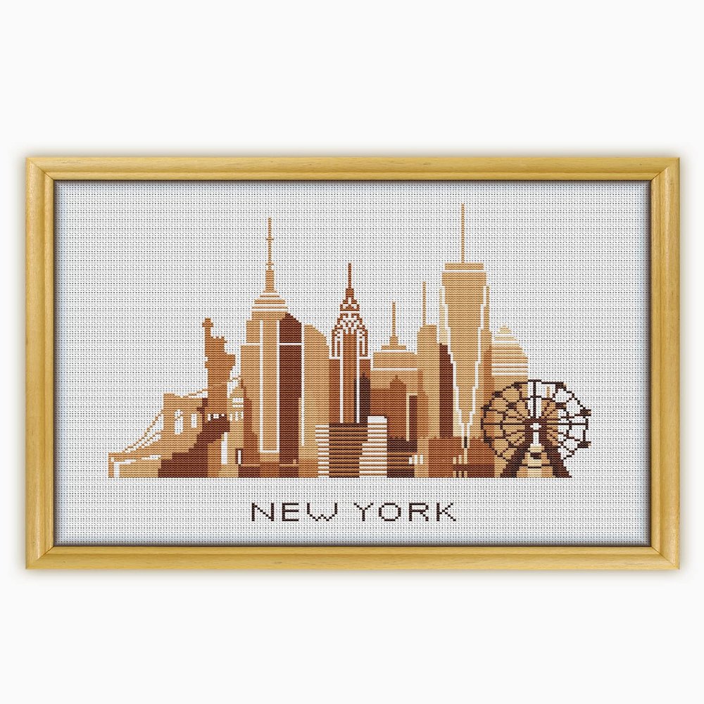 A3 New York Sepia CS354 - Counted Cross Stitch KIT#2. Set of Threads, Needles, AIDA Fabric, Needle Threader, Embroidery Clippers and Printed Color Pattern Inside.