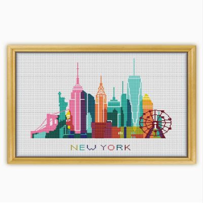 A3 New York Color CS351 - Counted Cross Stitch KIT#2. Set of Threads, Needles, AIDA Fabric, Needle Threader, Embroidery Clippers and Printed Color Pattern Inside.