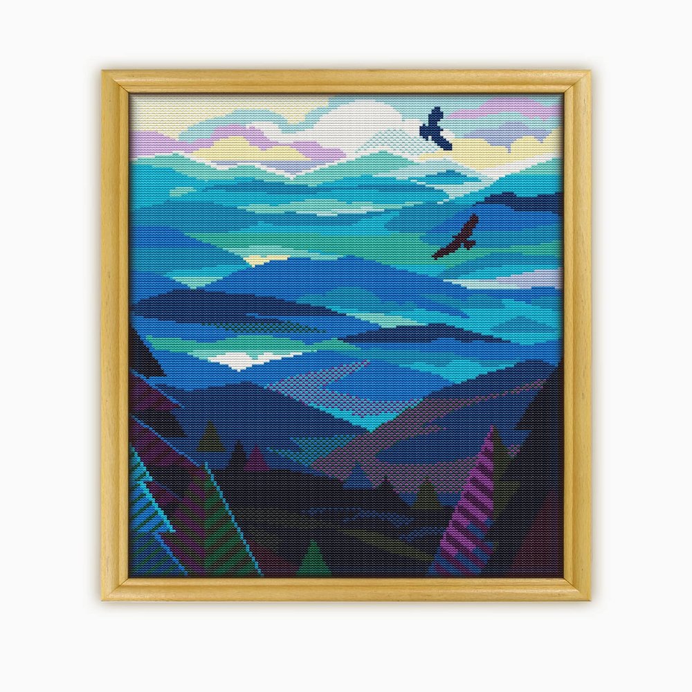Blue Ridge Mountains CS657 - Counted Cross Stitch KIT#2. Set of Threads, Needles, AIDA Fabric, Needle Threader, Embroidery Clippers and Printed Color Pattern Inside.