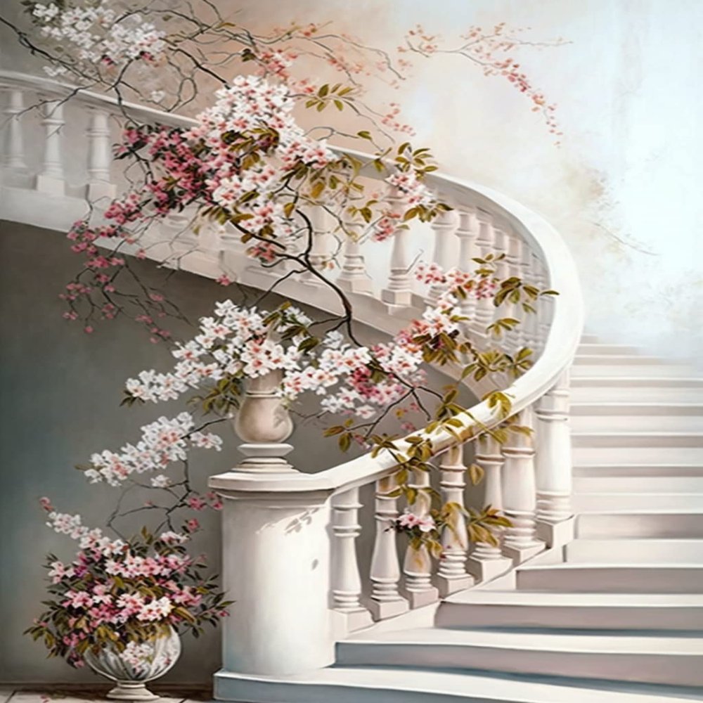 Diamond Painting Kits White Staircase - Spring Peach Blossoms, Full Circle Gemstone Crystal Cross Stitch Kit, for Beginners, for Wall Decor & Flower Room Decor (16 X 24 Inch)