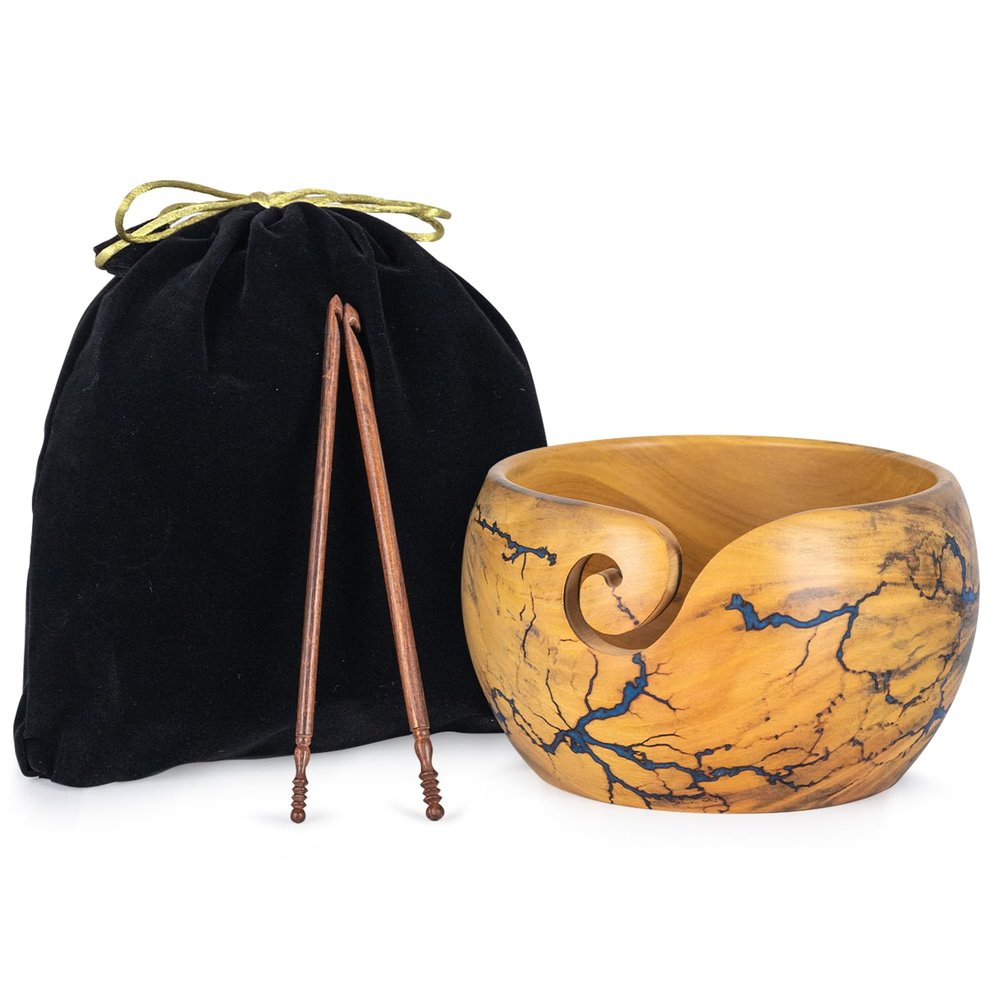 Large Wooden Yarn Bowl 7x4 Inches - Cute Wood Bowl/Holder for Knitting & Crocheting Lovers from Craft Supplier Brand INANOSA - Gift Ideas for Christmas and Mother's Day - Blue