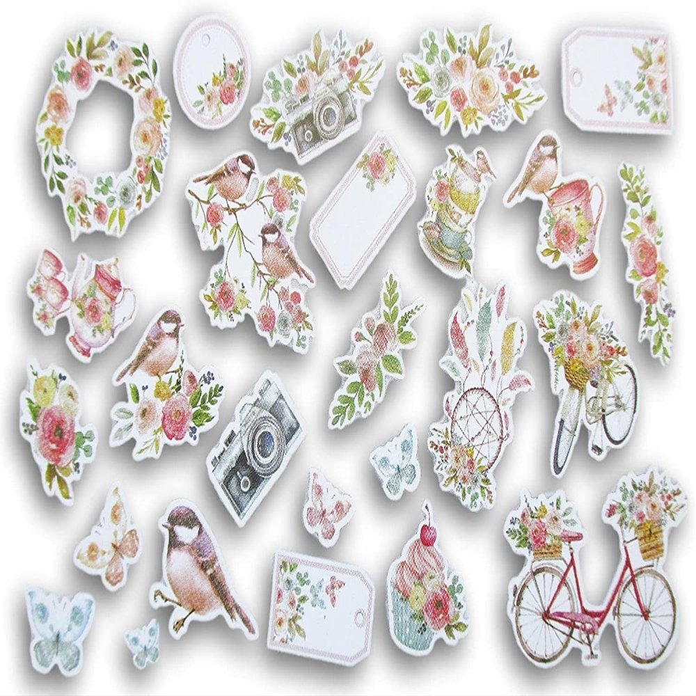Birds and Bicycles Die-Cut Glitter Shapes - for Journals, Cards Scrapbooks, Crafts - 50 Pieces