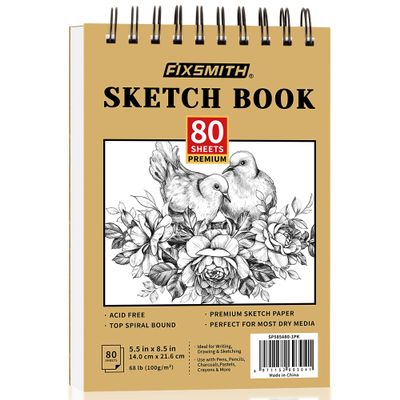 FIXSMITH 5.5"X8.5" Sketch Book | 80 Sheets (68 lb/100gsm) Sketchbook | Top Spiral Bound Artist Sketch Pad | Acid Free Drawing Pad | Ideal for Kids, Beginners, Artists & Painters | Bright White