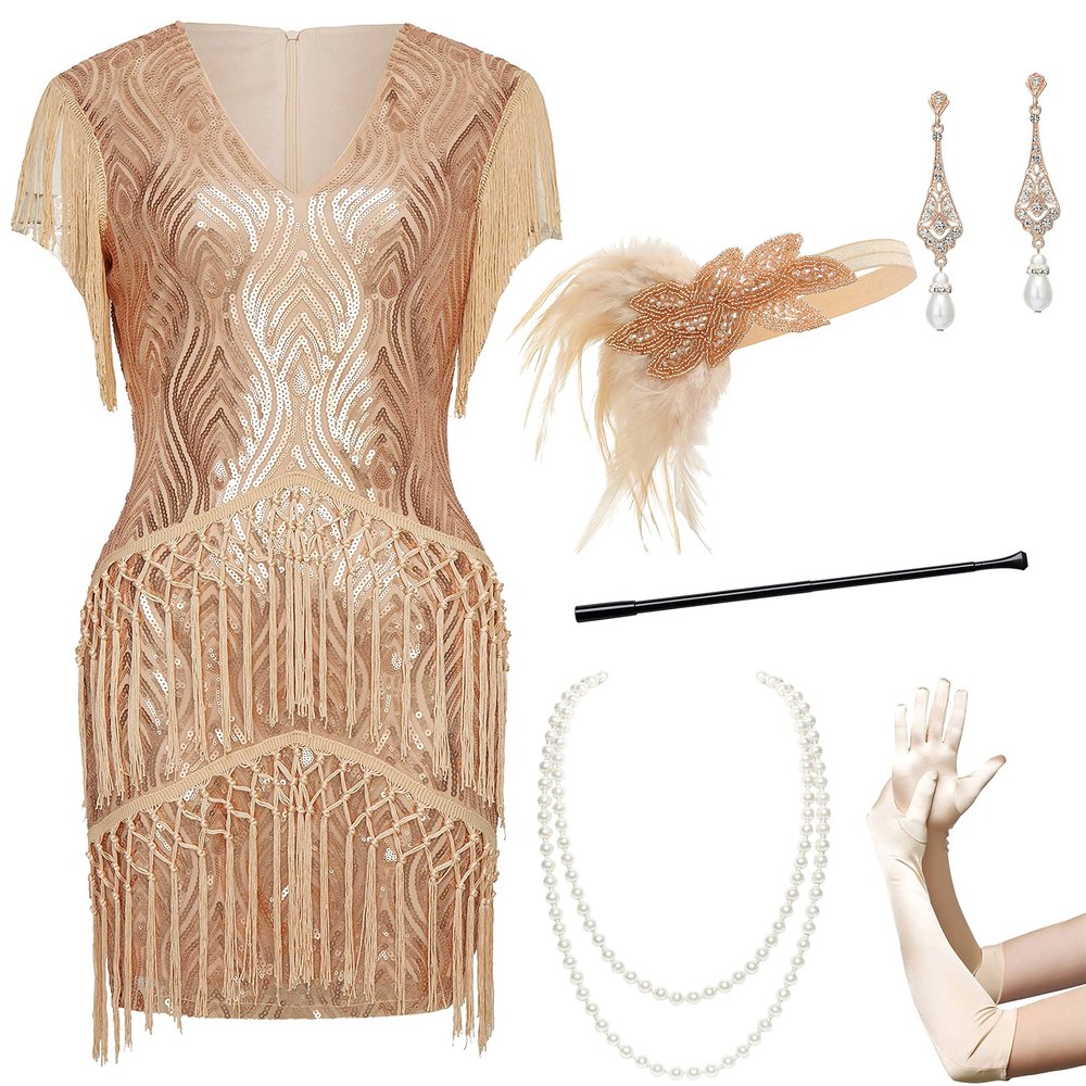 BABEYOND 1920s Flapper Dress Long Fringed Gatsby Dress Roaring 20s Sequins Beaded Dress Vintage Art Deco Dress
