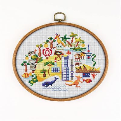 Australia in Icons CS839 - Counted Cross Stitch KIT#2. Set of Threads, Needles, AIDA Fabric, Needle Threader, Embroidery Clippers and Printed Color Pattern Inside.