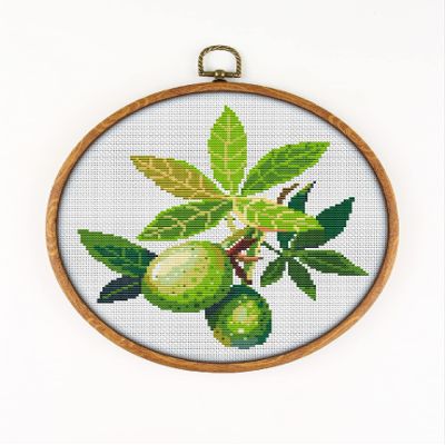 Baobab Leaves and Monkey Bread CS1028 - Counted Cross Stitch KIT#2. Set of Threads, Needles, AIDA Fabric, Needle Threader, Embroidery Clippers and Printed Color Pattern Inside.