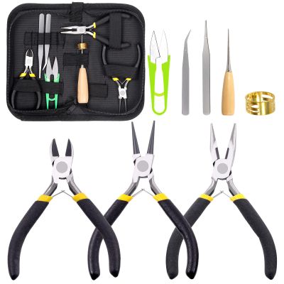 Glarks 8Pcs Jewelry Making Pliers Tools Kit includes Needle Nose Pliers, Wire Cutters, Wooden Awl, Tweezers, thimble ring, U-shape Scissors for Jewelry Making, Repair and Beading