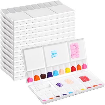 Kosiz 12 Pcs Watercolor Paint Palette Bulk Folding Painting Tray with 20 Wells 5 Mixing Areas Plastic Watercolor Painting Palette Thumbhole and Brush Paint Case for Art Classes and Students
