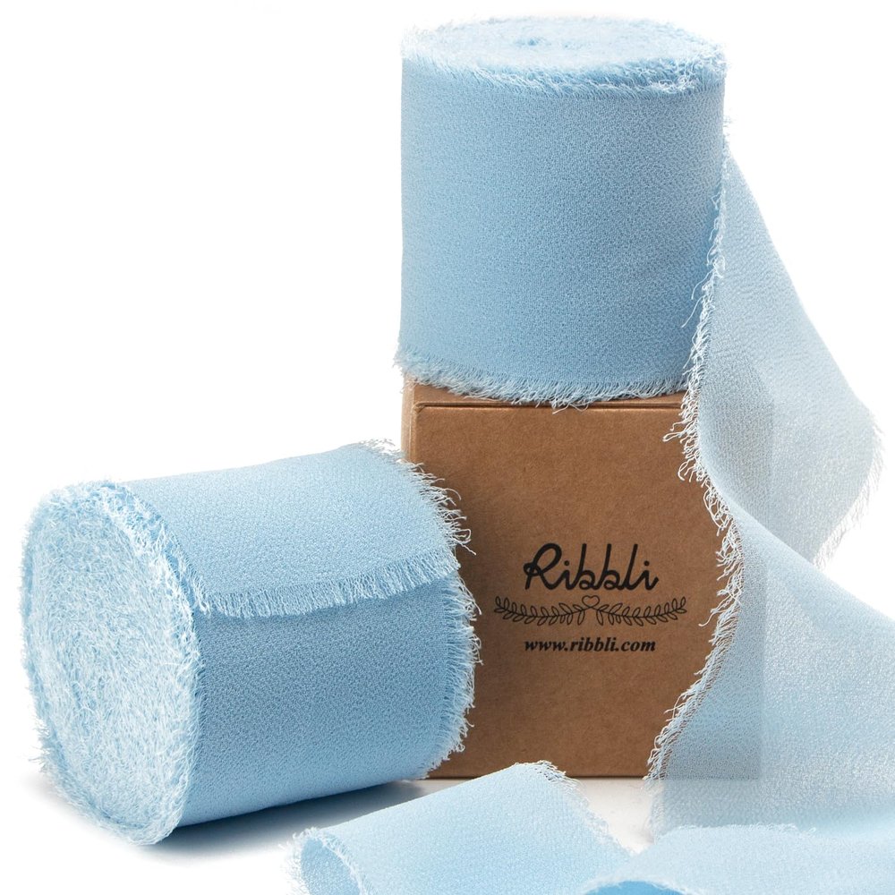 Ribbli Baby Blue Chiffon Ribbon 2 Inch x 20 Yard Handmade Fringe Chiffon Silk Ribbon Blue Ribbon for Gifts Wrapping, Wedding Invitations, Baby Shower, Bridal Bouquets, Flower Arrangement