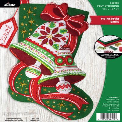 Bucilla Felt Applique 18" Stocking Making Kit, Poinsettia Bells, Perfect for DIY Arts and Crafts, 89595E