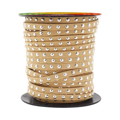 Mandala Crafts 20 Yards Beige Studded Faux Suede Cords Leather Trims - Flat Vegan Leather Lace Strips String with Silver Color Rivets for Jewelry Making, Crafts, Bracelets, and Decorations