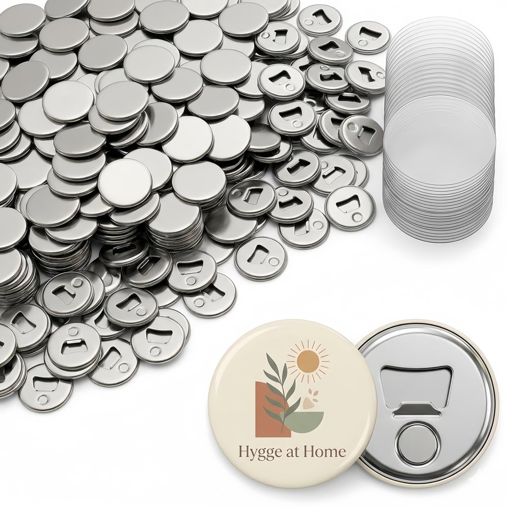 50 Sets Magnet Button Making Supplies for 2.25 Inch Button Maker Machine, 58mm Blank Magnetic Bottle Opener Button Refill Parts Includes Metal Shell, Graphic, Plastic Film, Metal Backing Parts