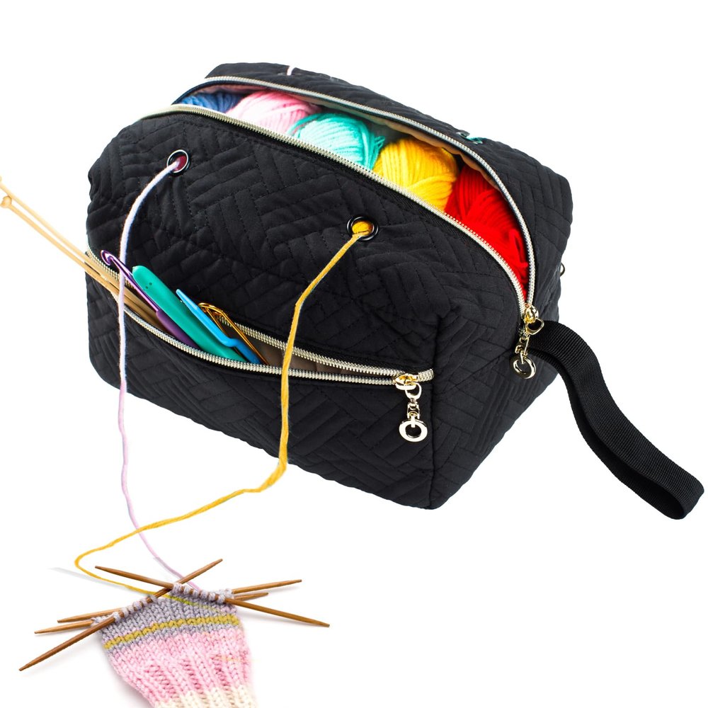 MYBAGZING Small Crochet Bag Organizer - Knitting Yarn Storage for Crocheting Holder Accessories, Needles, Hooks, Gifts, Black, (AM370)