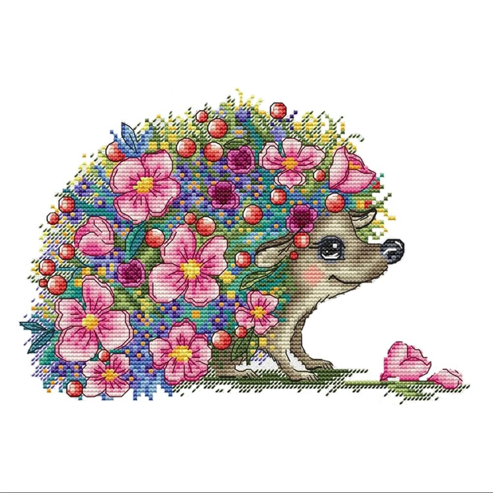 HUOOQT Cross Stitch Kits for Beginner, Hand Embroidery Beautiful Hedgehog, Flowers Embroidery Patterns and Threads DIY Embroidery Kit (Cotton)
