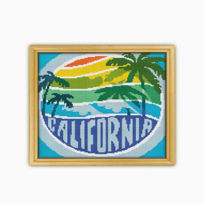 California Beach CS500-1 - Counted Cross Stitch KIT#2. Set of Threads, Needles, AIDA Fabric, Needle Threader, Embroidery Clippers and Printed Color Pattern Inside.