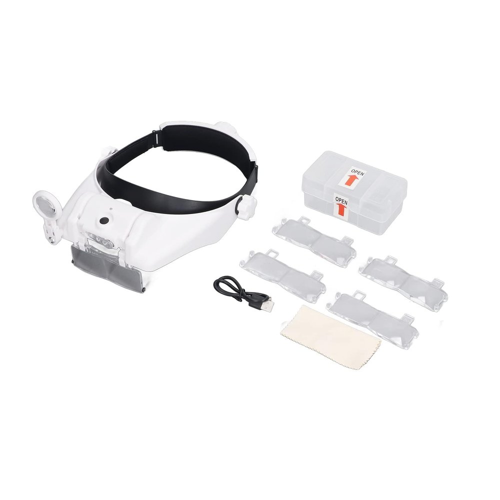 headband magnifier with LED Light, Rechargeable Headband Magnifier, Head Mounted Magnifying Glass with 4pcs Eyeglass for Jewelers Loupe, Crafts, Repair