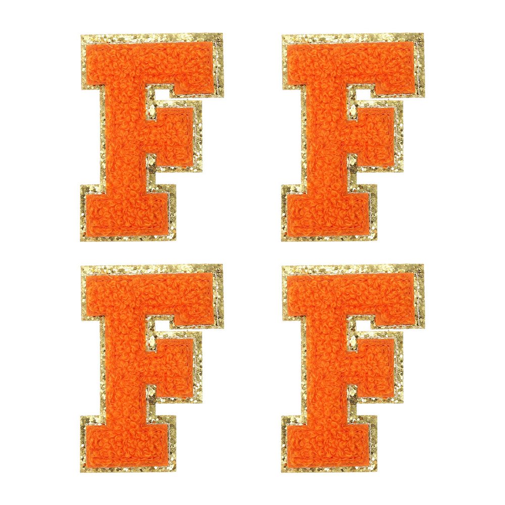 MECCANIXITY 4Pcs Chenille Letter Patches Iron on Letter Patches Orange F Alphabet Decorative Repair Embroidered Patches for Clothing, Shoes, Hats, Backpacks
