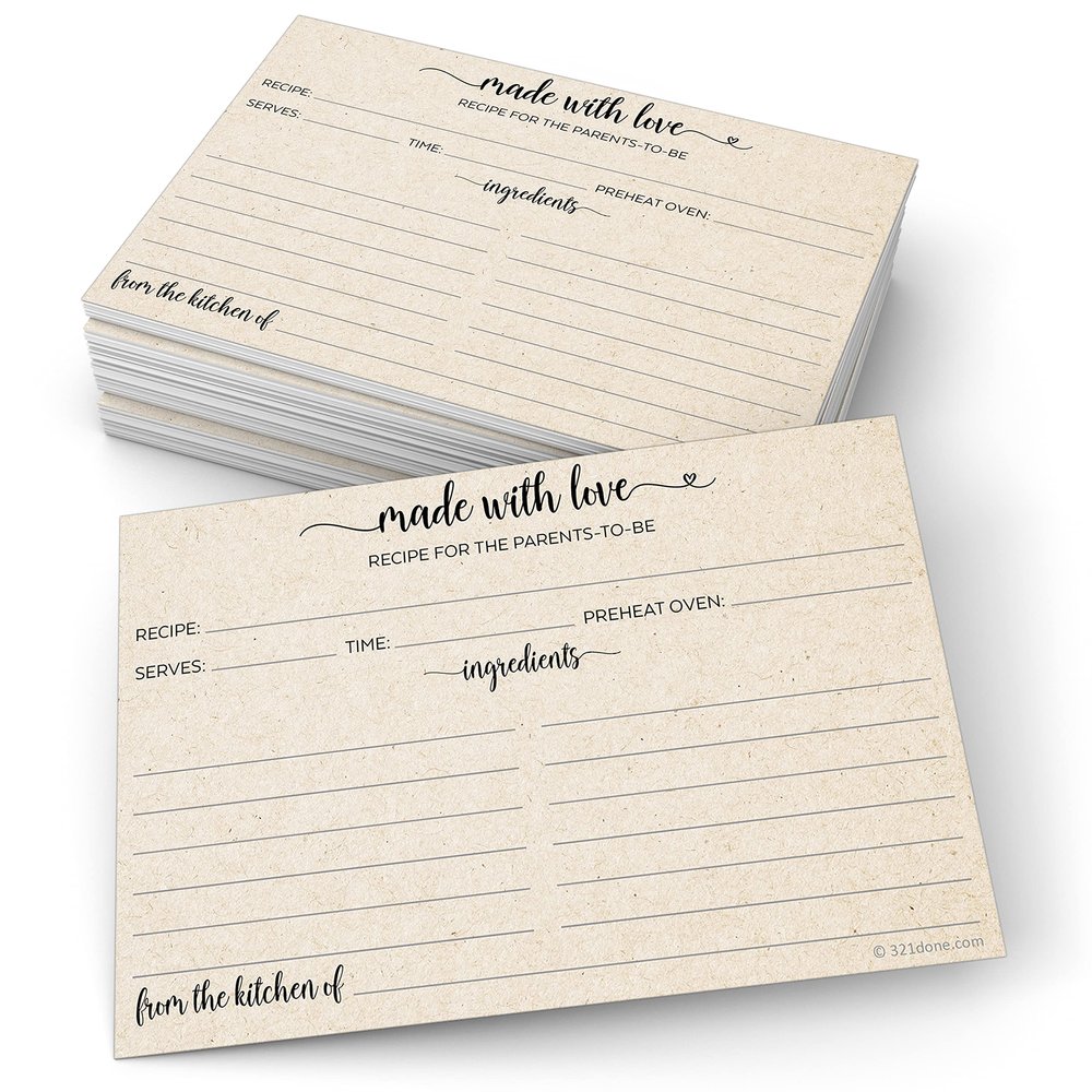 321Done Recipe Cards for the Parents-To-Be (Set of 50) 4x6 Rustic Kraft - Simple, Cute Made with Love Heart Design - Double-Sided - For Bridal Shower, Wedding, Recipe Box Gift - Made in the USA