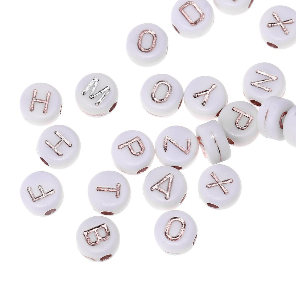 200pcs White Acrylic Flat Round Alphabet Letter Beads 7mm Pony Disc Coin with A-Z Rose Gold Letter Loose Spacer Beads for DIY Jewelry Bracelet Making