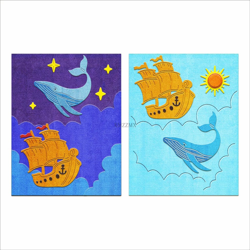 XMZZMX Whale Star Ship Sun Metal Cutting Dies for Card Making, Paper Embossing Die-Cuts Sets Storage Pockets, Album Stencils, Scrapbooking Template