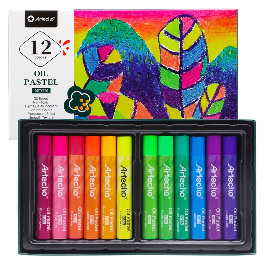 Artecho Neon Oil Pastels Set of 12 Colors, Soft Oil Pastels for Art Painting, Drawing, Blending (10 x 70 mm)