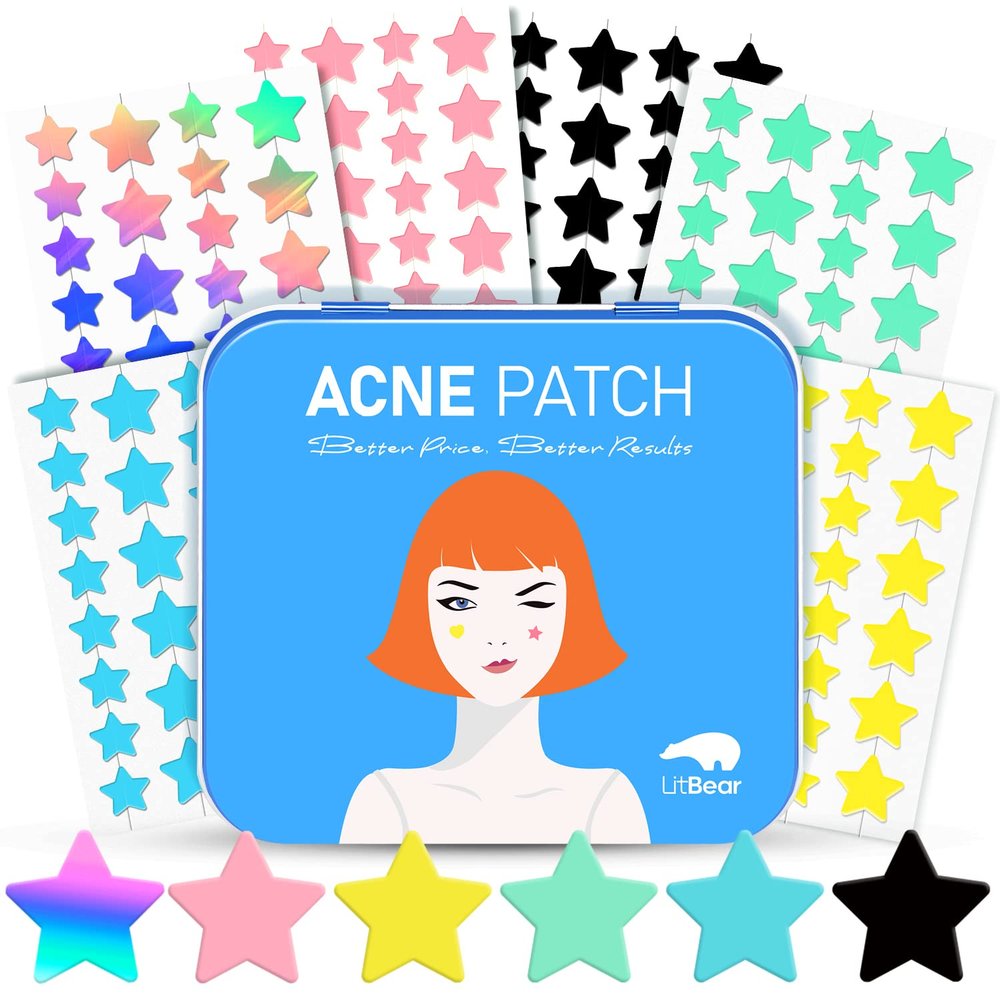LitBear Acne Pimple Patch, 6 Colors 168 Dots Star Pimple Patches with Case & Tea Tree Oil & Centella Oil, Hydrocolloid Acne Patches for Face Cute Zit Patches Pimple Stickers Acne Dots