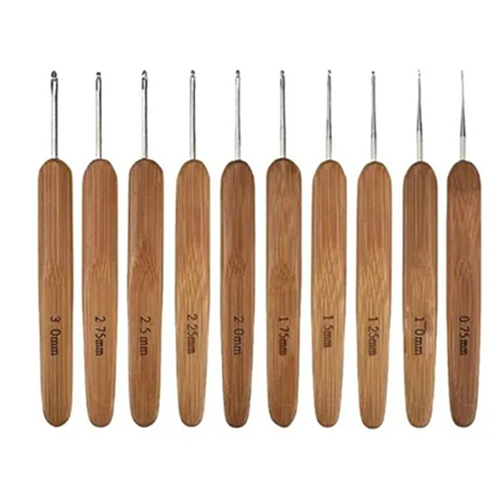 10pcs Crochet Hook Portable Practical Ergonomic Wooden Handle Metal Crochet Needle Knitting Tools for DIY Sewing Tools
