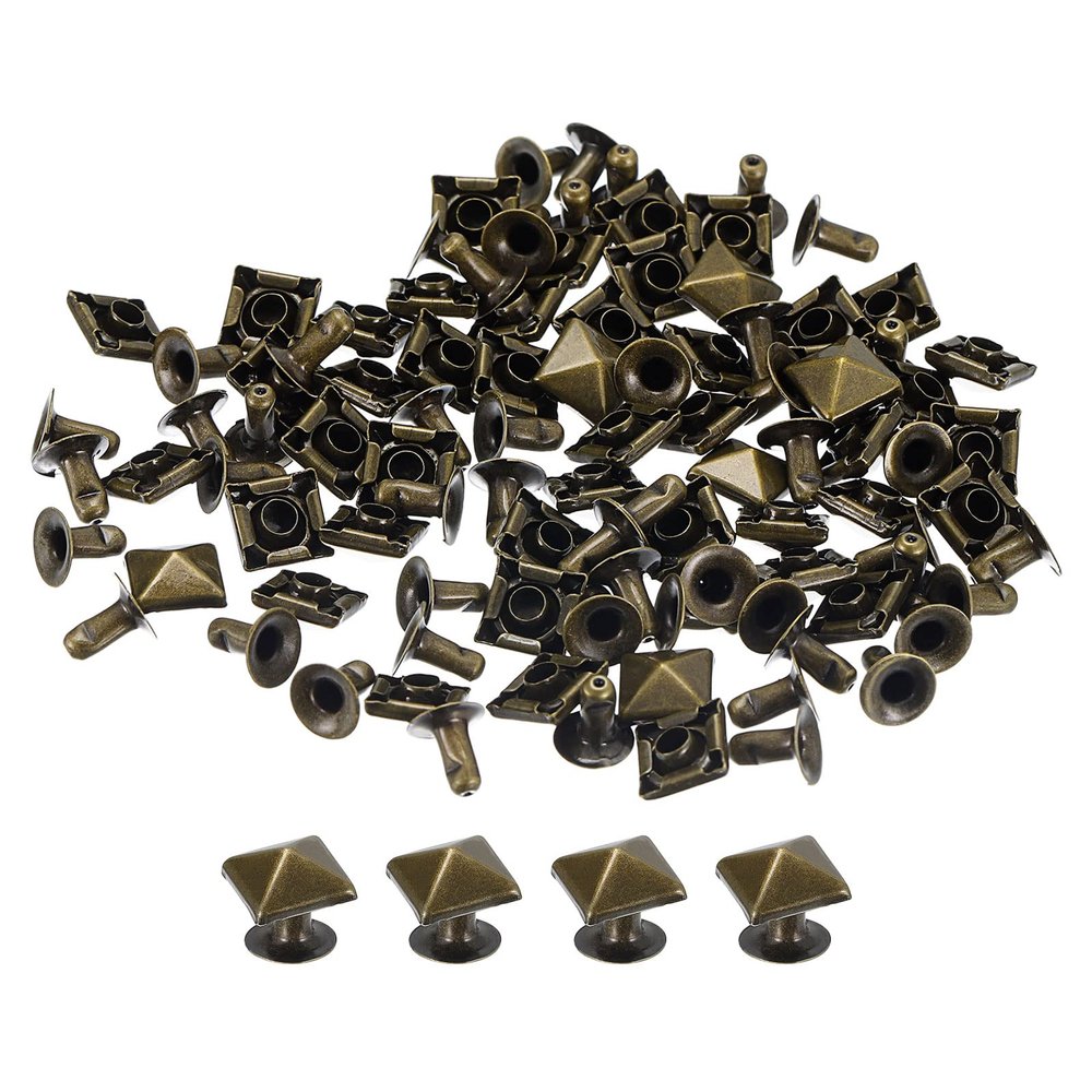 uxcell 50 Sets Spike Rivet, 7mm Pyramid Rapid Rivet Studs Square Punk Spikes Leathercraft Decoration for Clothing Belts Bags Shoes, Bronze Tone