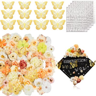 Hanaive 76 Pcs DIY Graduation Cap Decorations Kit Included Faux Flowers 3D Butterfly Alphabet Letter Stickers for for 2026 Grad Cap Topper Party Gifts Decor(Classic Color)
